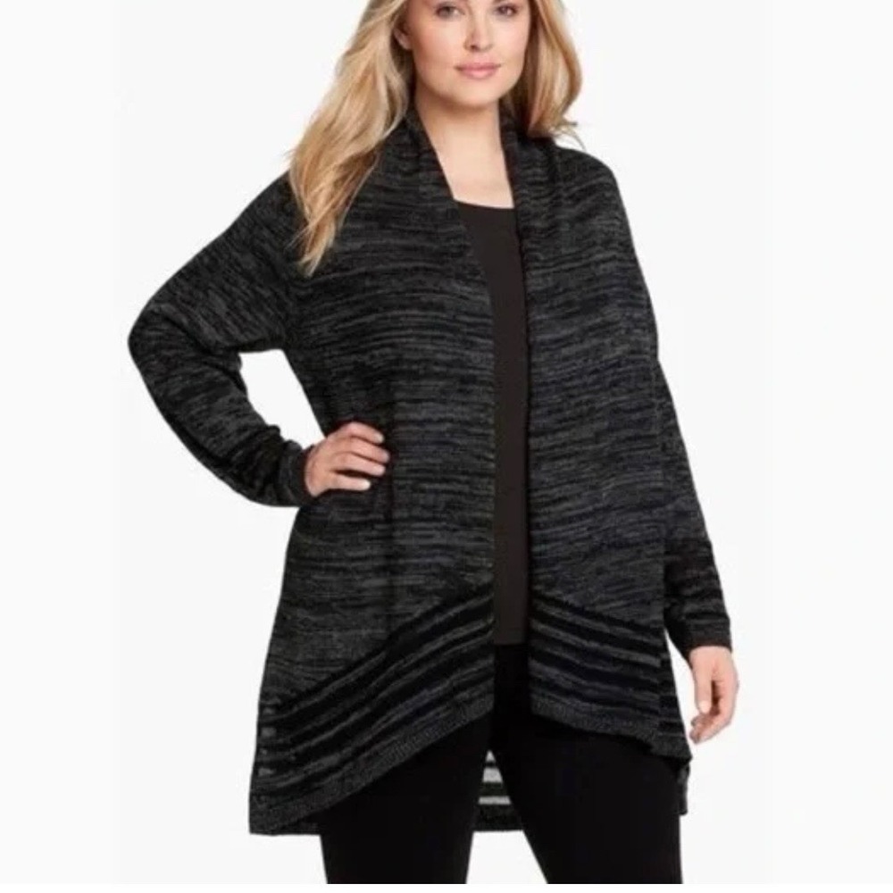 Eileen Fisher Black Space Dye Organic Cotton Striped Open Cardigan Sweater SMALL